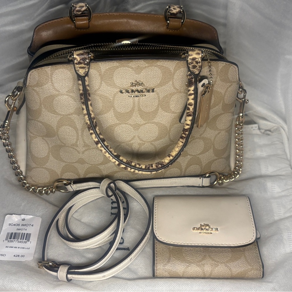 Coach Mini Lillie Carryall Satchel 90406 Signature Canvas Matching Wallet Set